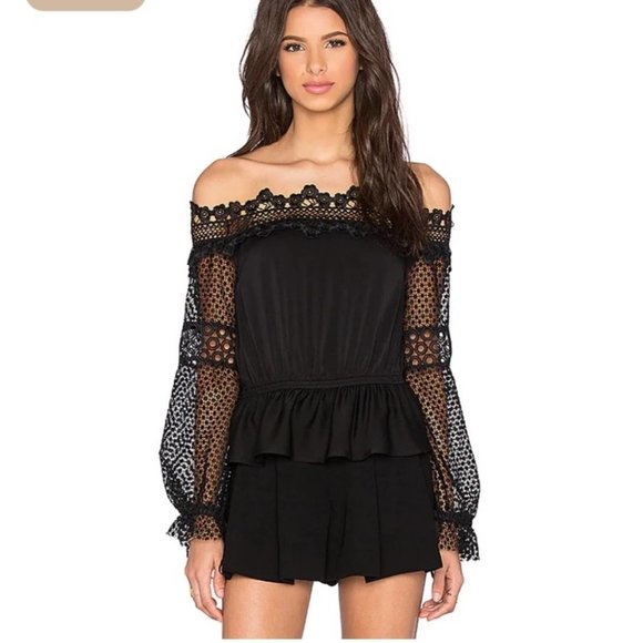 Self-Portrait Tops - Self-Portrait Lace Off Shoulder Top in Black